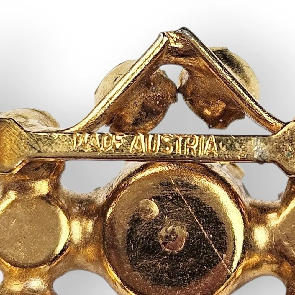 Vintage Austria Rhinestone Bar Brooch Aurora Borealis AB Brown Glass Gold Plated